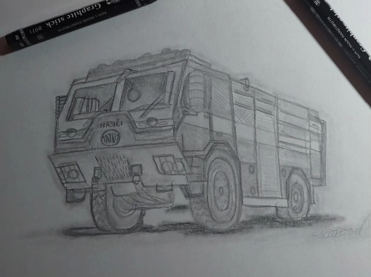 Moje interpretace hasičské legendy. Nešlo mi o technickou přesnost, ale o zachycení té nezaměnitelné síly a robustnosti, kterou Tatra má. Uhel mi dovolil si s tou ocelovou energií pohrát po svém - syrově a bez příkras. (A5)