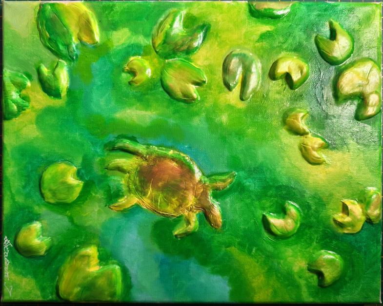Můj první experiment s propojením plátna a keramiky, Všechny detaily - od okvětních lístků leknínů až po krunýř malé želvy - jsem modelovala ručně bez použití formem. Chtěla jsem vytvořit obraz, který můžete nejen vidět, ale i cítit pod konečky prstů. Je to kousek živé přírody, který si můžete pohladit. (O něco větší než formát A4)