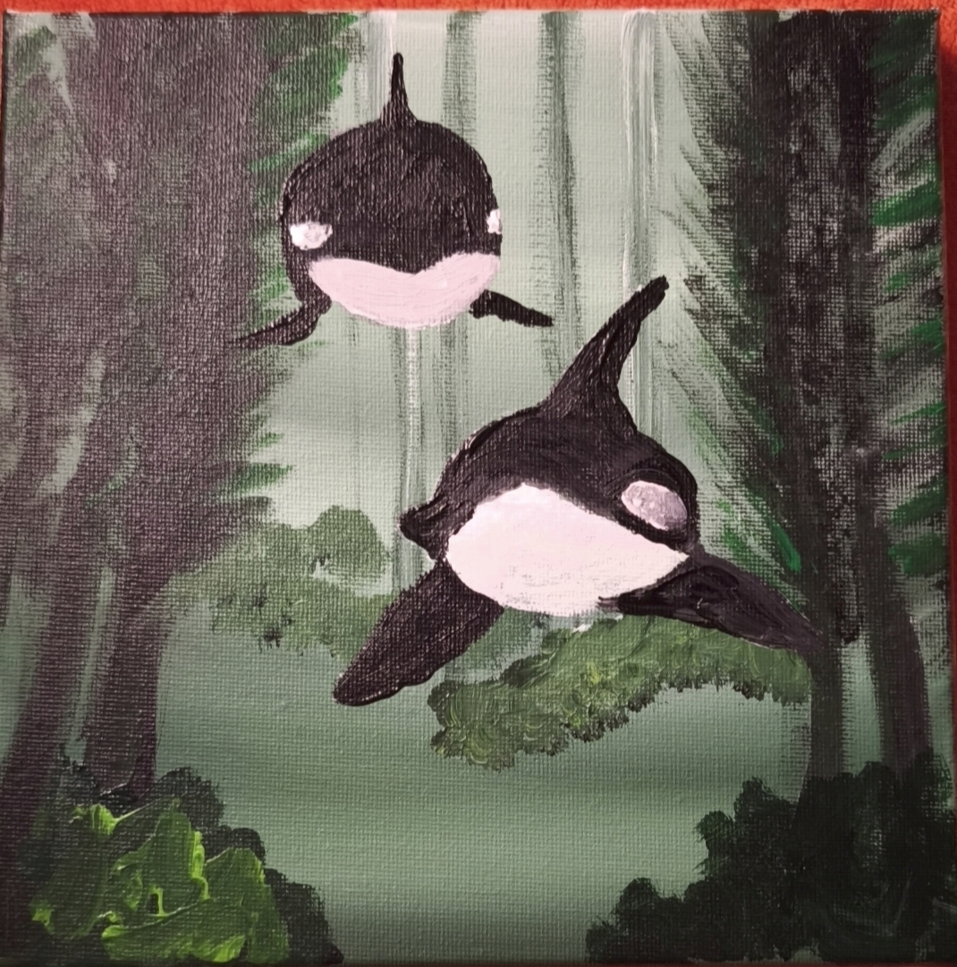 Kosatky v lese. Dva světy, které se neměly potkat, a přesto spolu ladí. Přísné linie kosatek proplouvající mezi kmeny stromů symbolizují lidskou mysl uprostřed nespoutané přírody. Je to obraz o hledání řádu v chaosu a o tom, že fantazie nemá žádné hranice.